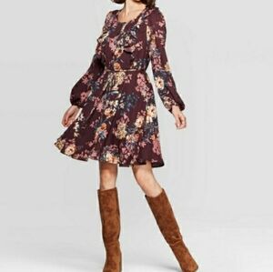 Xhilaration Dress Womens Fit & Flare Burgandy Floral Ruffles Stretch Flowy S